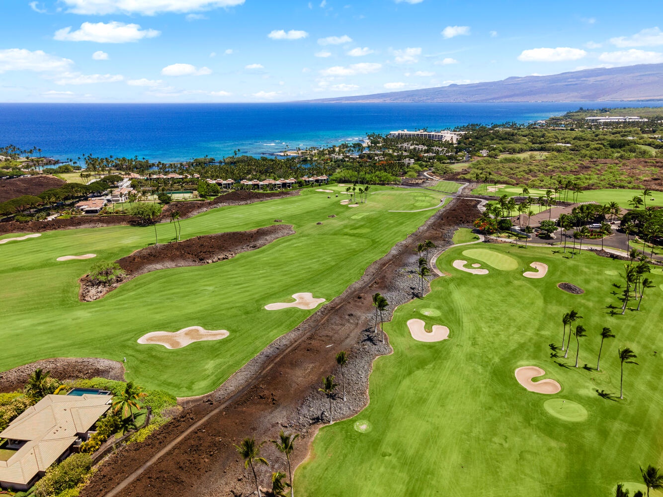 Kamuela Vacation Rentals, Laule'a at the Mauna Lani Resort #14 - Aerial view of the fairway leading to the ocean—your backyard playground.