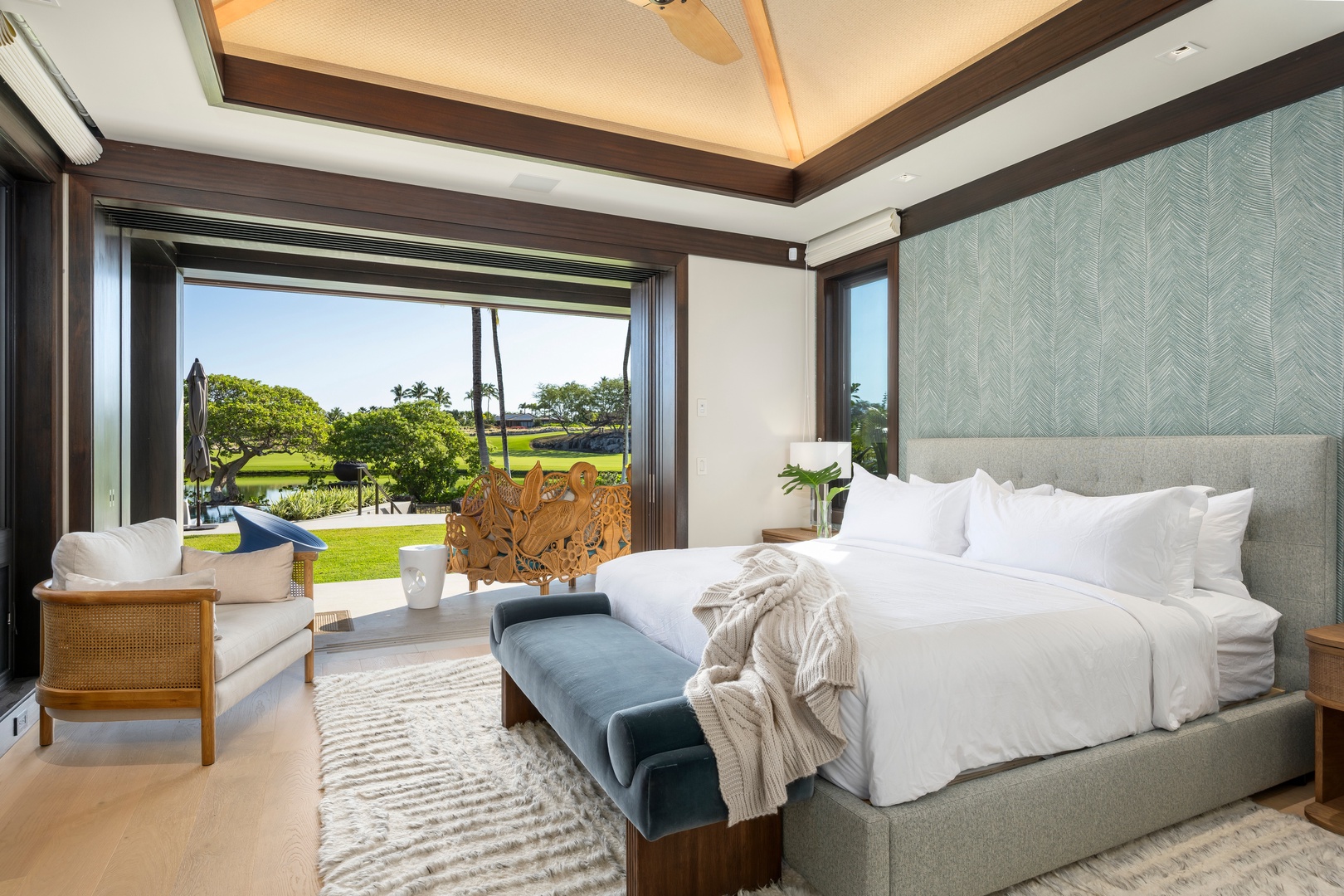 Kailua-Kona Vacation Rentals, 4BD Ka'Ulu Estate (102A) at Hualalai Resort - Primary Suite #2: Open your eyes to pristine views from your luxurious king bed, where tropical elegance meets ultimate comfort in this stunning suite.