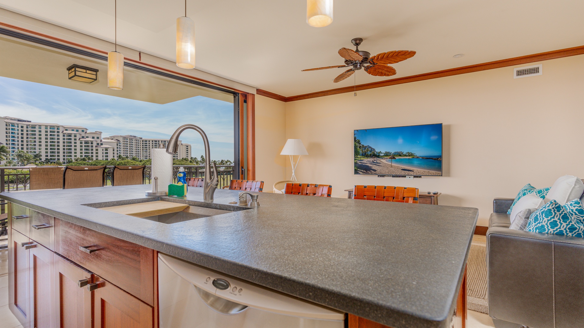 Kapolei Vacation Rentals, Ko Olina Beach Villas O425 - The best views for the chef of the house and TV for entertaining.