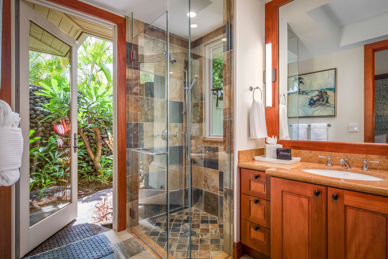 Kailua Kona Vacation Rentals, 4BD Hainoa Estate (122) at Four Seasons Resort at Hualalai - Full en suite bath in Guest Room 3 with walk-in shower and outdoor shower garden.