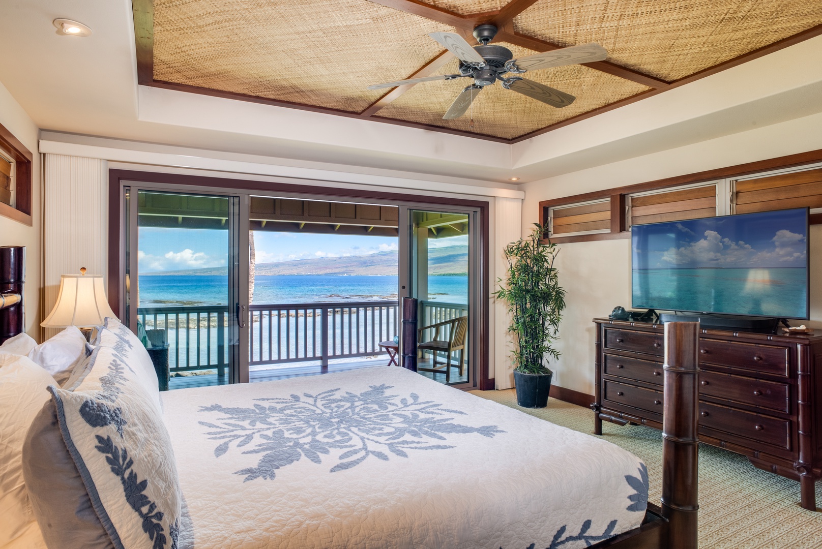 Kamuela Vacation Rentals, 3BD Estate Home at Puako Bay (10D) - Upstairs Primary Bedroom w/ King Bed, Large Flatscreen Smart TV, Sonos Sound System and Ensuite Bath