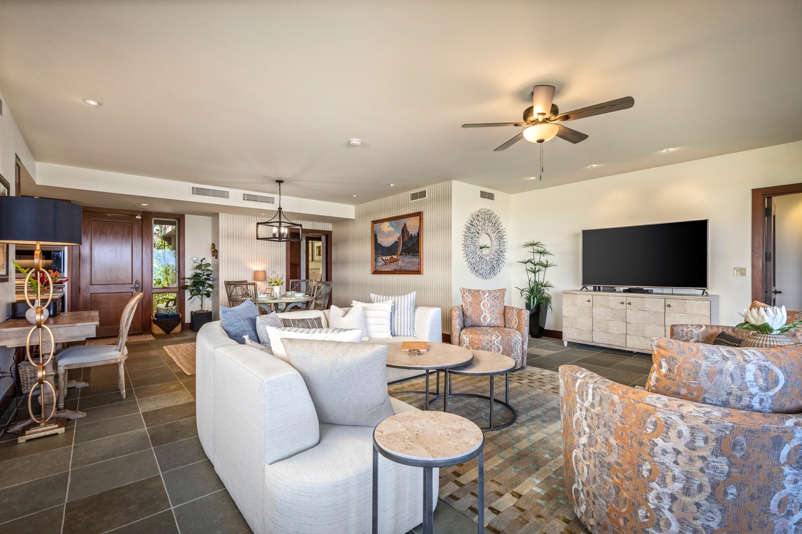 Kailua Kona Vacation Rentals, 3BD Hainoa Villa (2907C) at Four Seasons Resort at Hualalai - Angle on the great room displaying newly refreshed professional interior design and large flat screen TV.