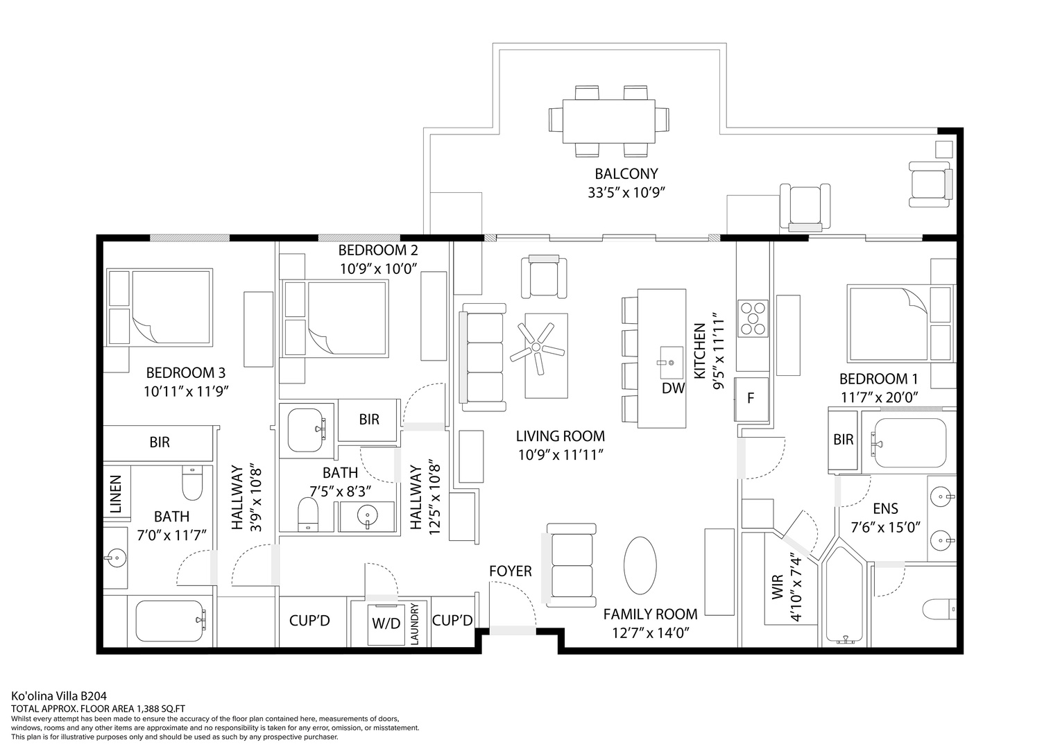 Floor plan showing a spacious three-bedroom layout with open living spaces, modern kitchen, ensuite bath, and your private balcony for relaxing outdoors.
