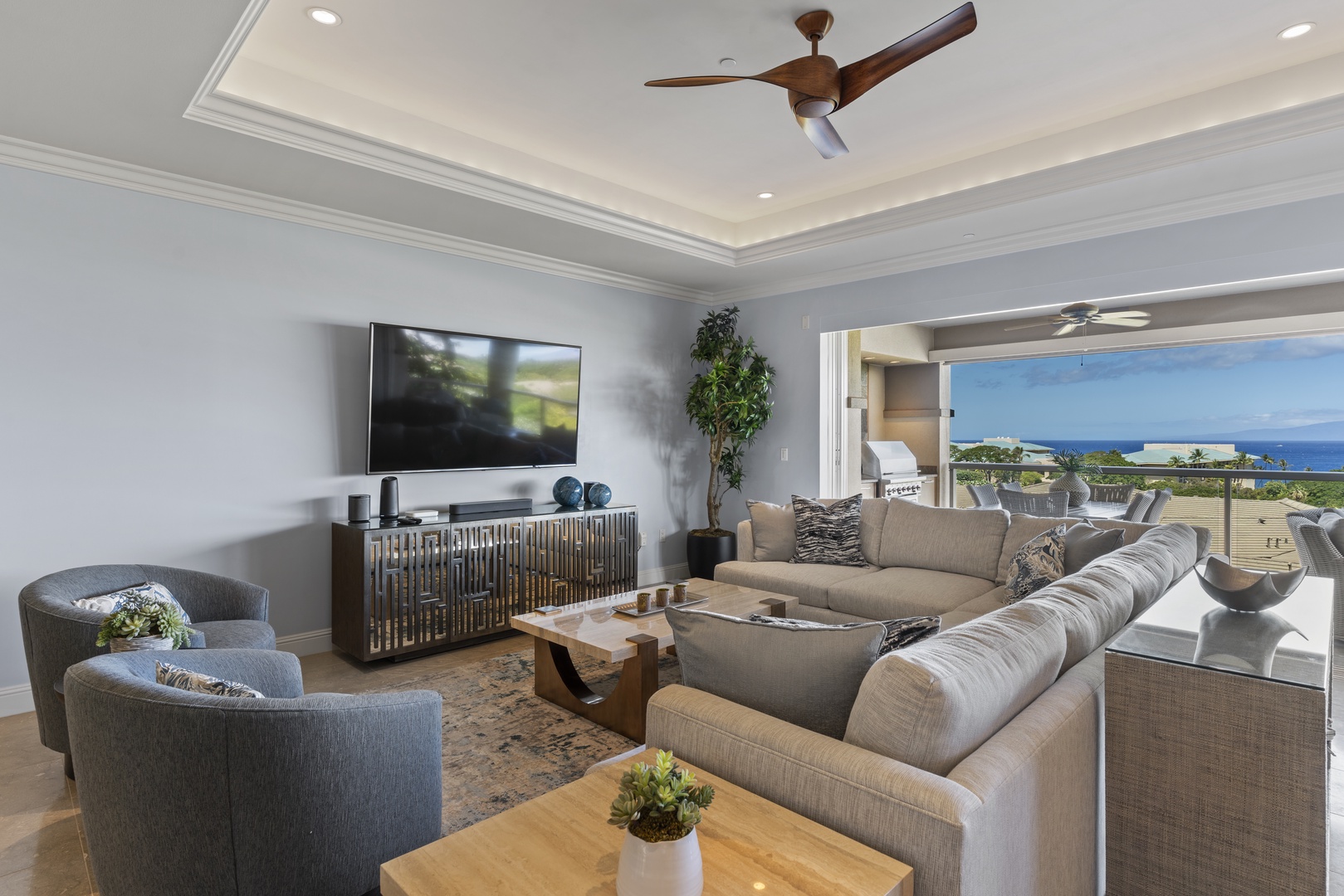 Wailea Vacation Rentals, Wailea Luxury Residence Hoolei 23-3 - Elegant and airy, the living room at Wailea Luxury Residence Hoolei 23-3 opens to ocean views.