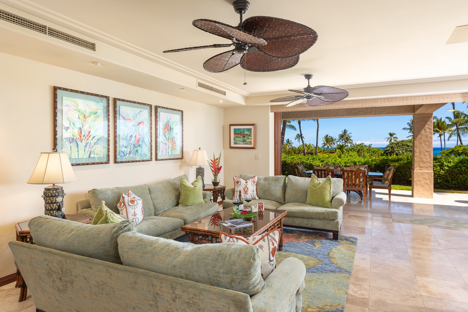 Kailua Kona Vacation Rentals, 2BD Hillside Villa (4102) at Hualalai Resort - Sun-filled living area styled in soft coastal hues and natural textures.