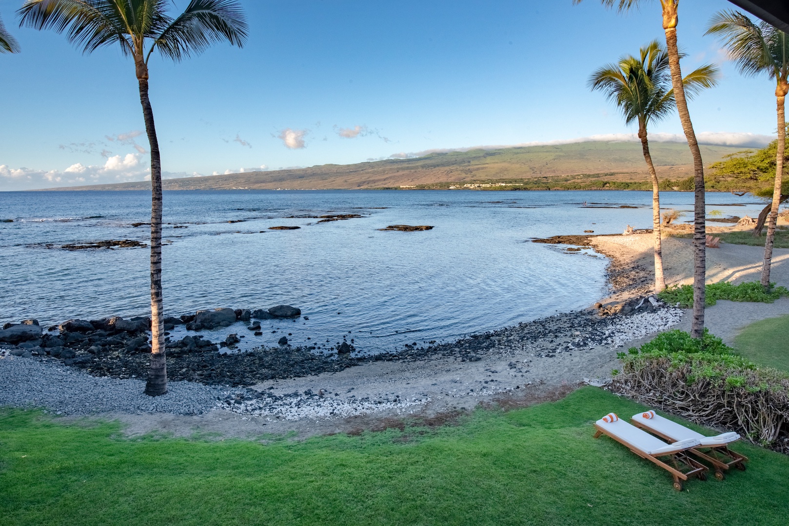 Kamuela Vacation Rentals, 3BD Estate Home at Puako Bay (10D) - View from Upstairs Primary Bedroom Lanai Looking onto the Lawn, Ocean and Kohala Mountains