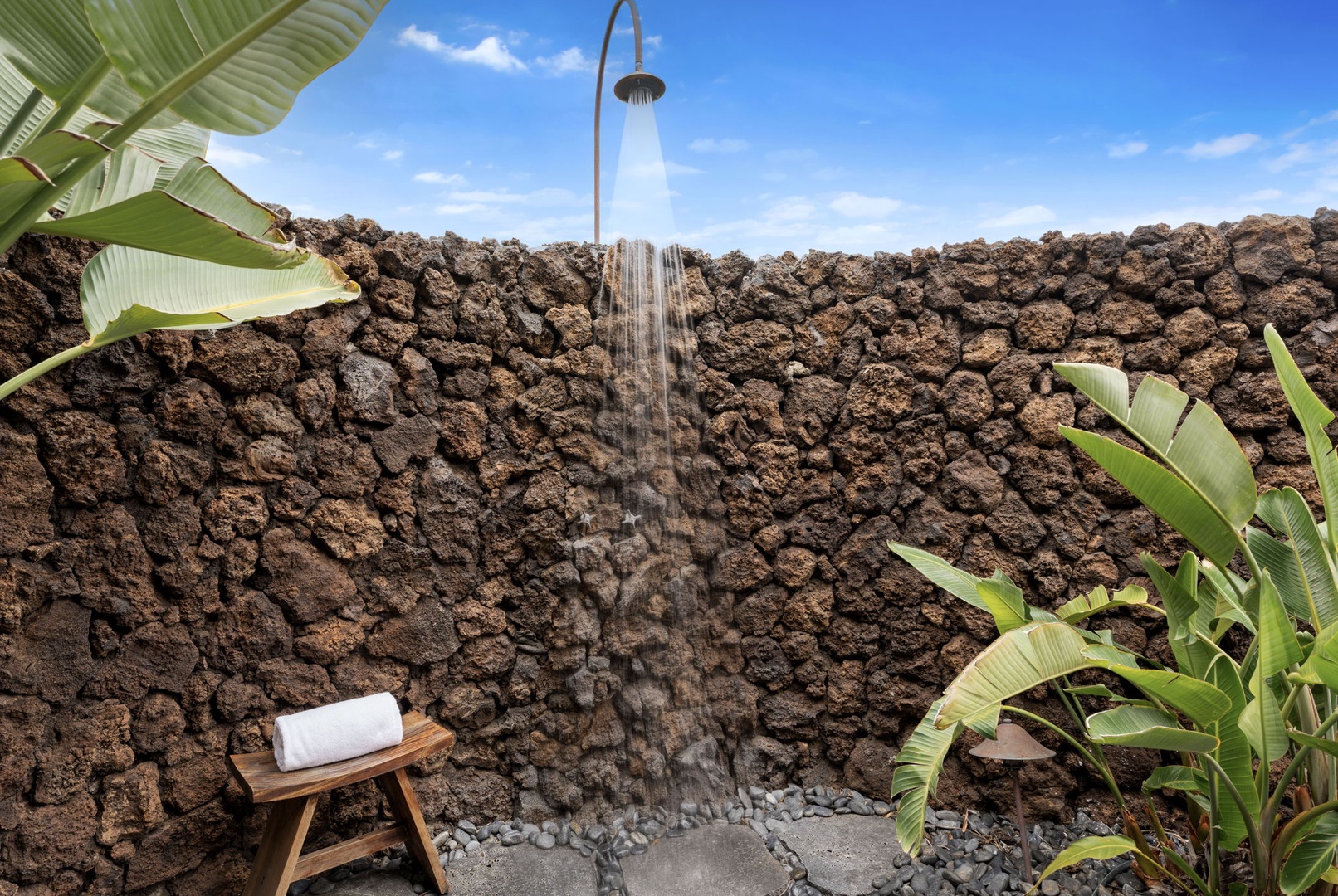 Kamuela Vacation Rentals, Hale Konane - Rinse off in your own tropical paradise under the open sky with this private lava rock outdoor shower.