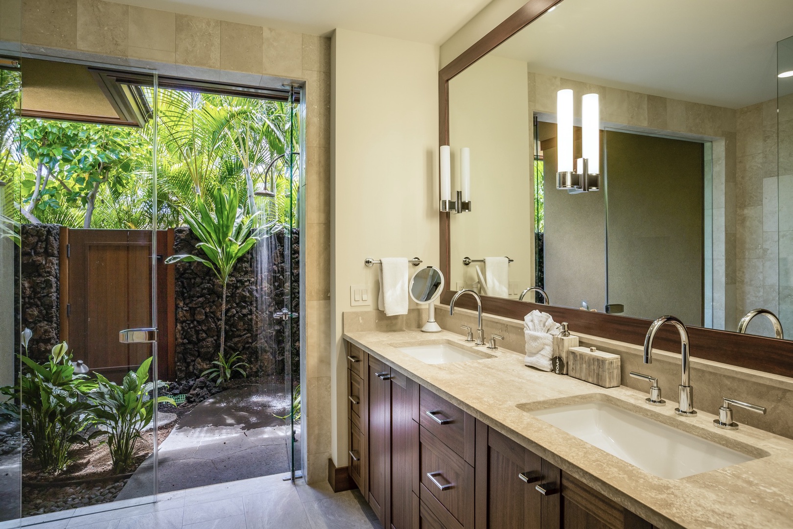 Kailua Kona Vacation Rentals, 4BD Kulanakauhale (3558) Estate Home at Four Seasons Resort at Hualalai - Guest bedroom two en-suite bath with dual vanities, walk-in shower and outdoor shower garden.