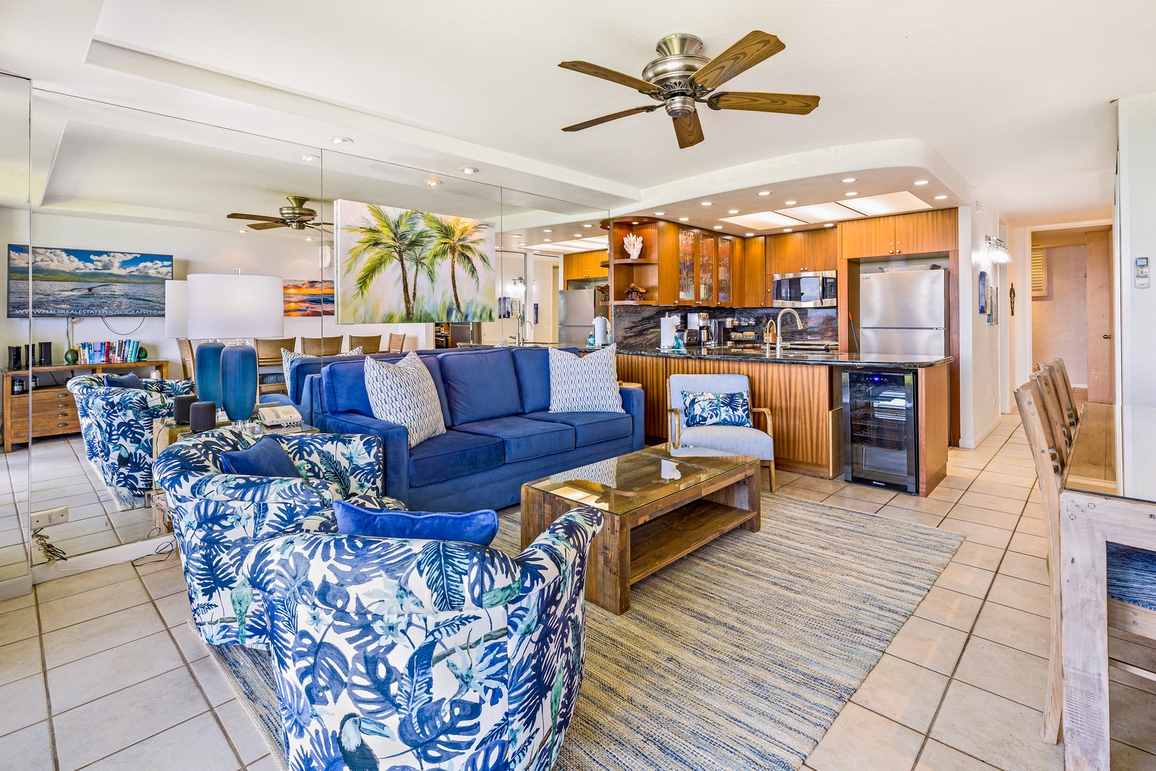 Lahaina Vacation Rentals, Papakea L-106 - The bright and cozy living space with vibrant tropical furniture and a ceiling fan