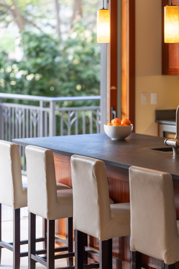 Picture yourself enjoying morning coffee here, where sunlight filters through green views and warm pendant lights set the perfect mood for every meal.