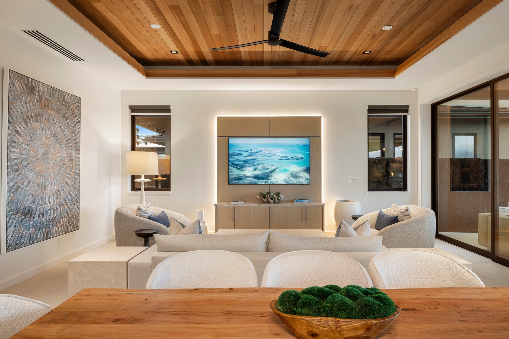 Kamuela Vacation Rentals, 6BD Mauna Lani Lux Golf Estate (6) at One Ocean - Settle into the heart of the home, where warm wood ceilings and comfortable seating invite easy evenings together.