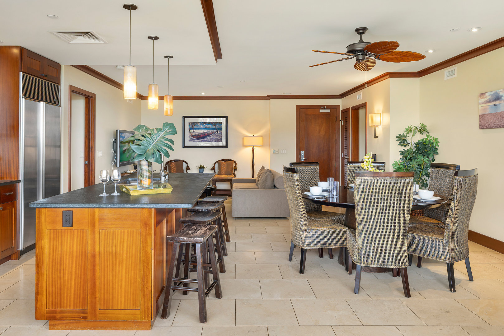 Kapolei Vacation Rentals, Ko Olina Beach Villas O414 - Open space concept living space with A/C & fan
