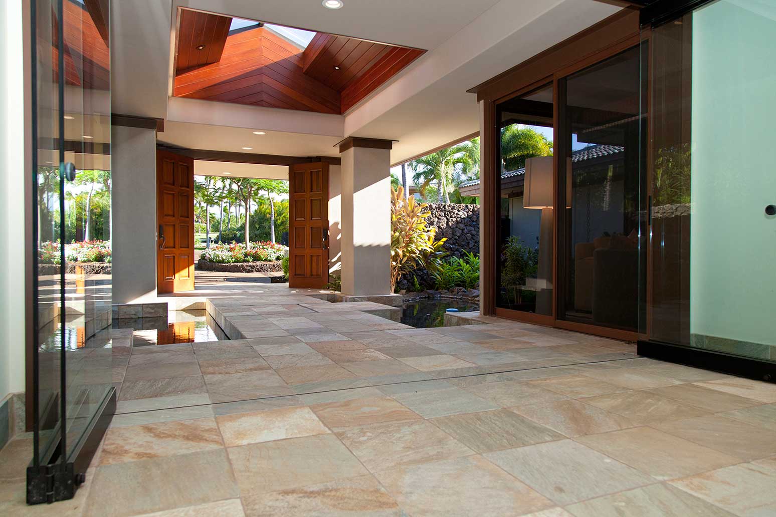Kamuela Vacation Rentals, 4BD Champion Ridge (CR10) Estate Home at Mauna Lani Resort - Alternate view of entrance with open glass doors.