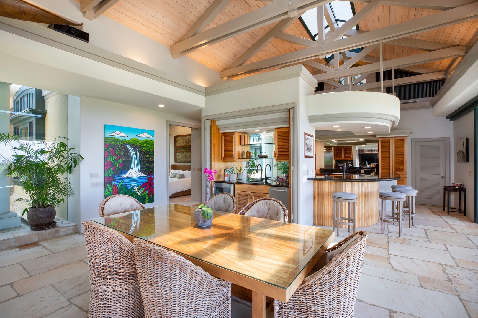 Kamuela Vacation Rentals, Canoe House at Champion Ridge - Dine indoors surrounded by open-beam ceilings and tropical artwork.