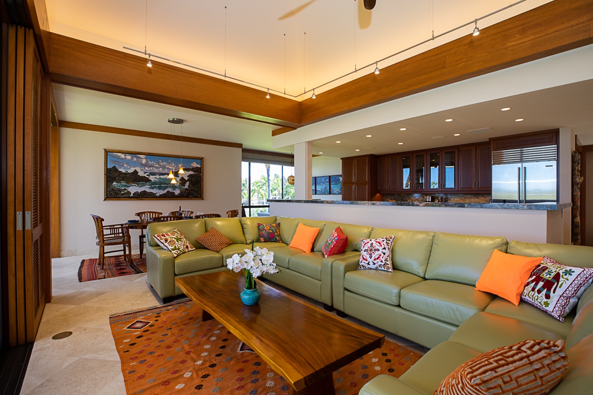 Kamuela Vacation Rentals, Mauna Lani Terrace A303 - Spacious Living Room with Elevated Ceiling