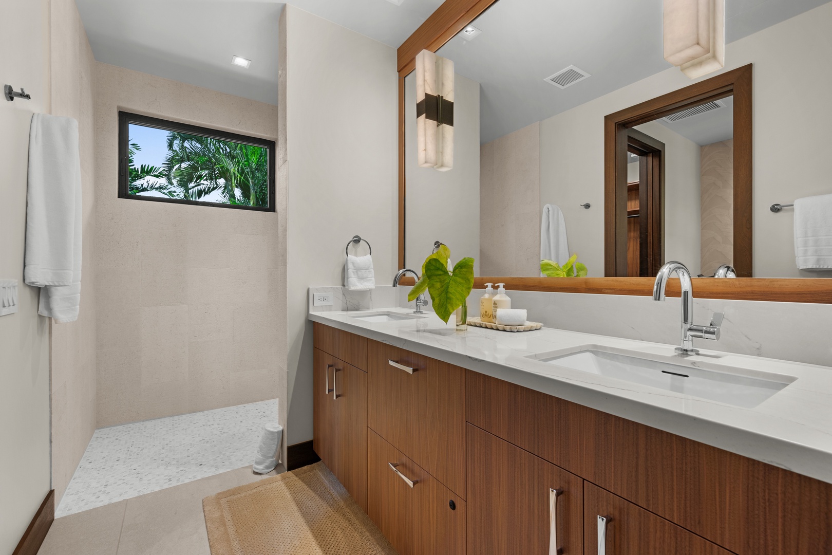 Kailua-Kona Vacation Rentals, 4BD Ka'Ulu Estate (102A) at Hualalai Resort - Guest Bedroom #4: Indulge in your private bathroom featuring dual vanities and modern fixtures.