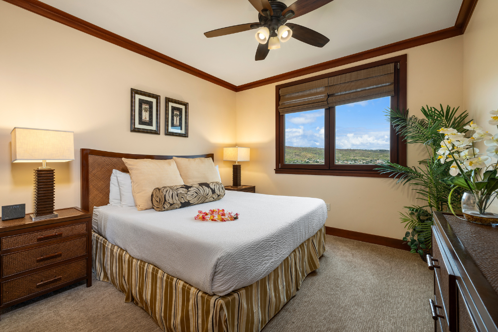 Kapolei Vacation Rentals, Ko Olina Beach Villas O1404 - Primary bedroom with king bed and TV