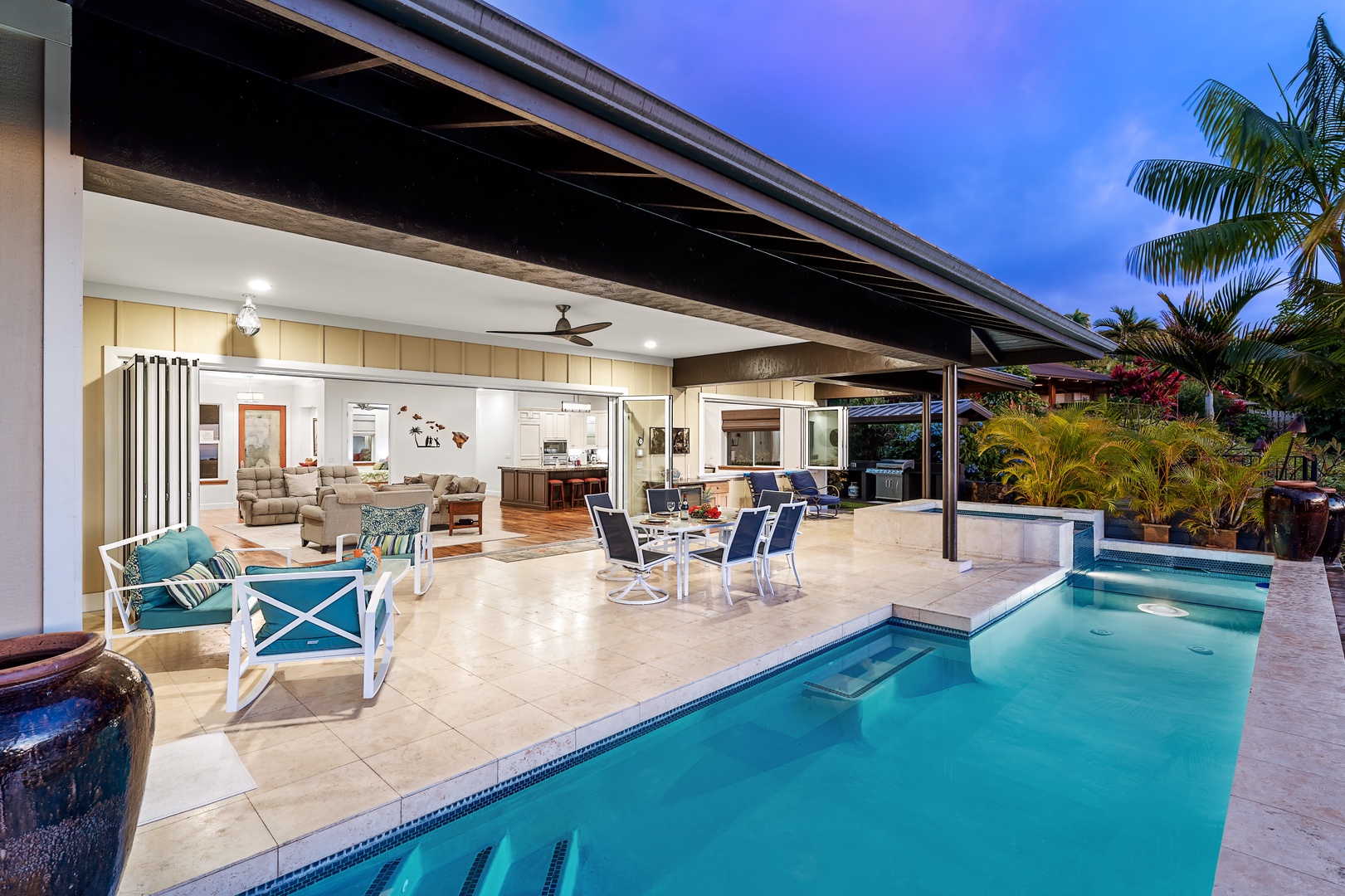 Kailua Kona Vacation Rentals, Ohana le'ale'a - The lanai is the perfect spot for whale watching or a peaceful morning coffee, swimming in the lap pool and relaxing in the spa.