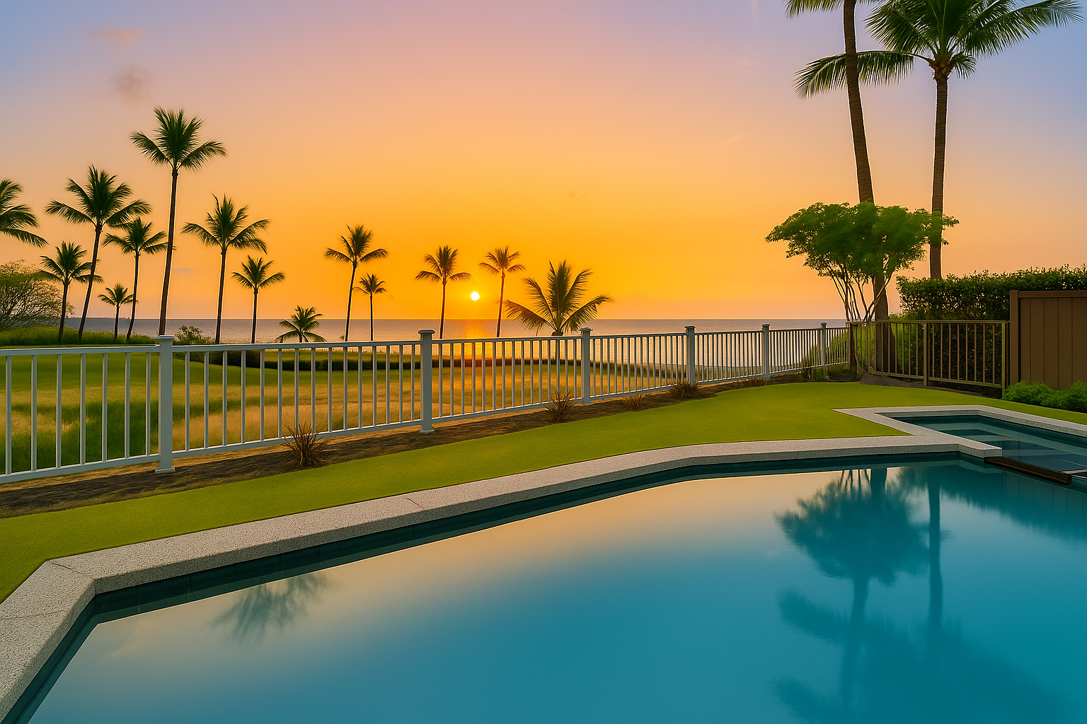 Kailua Kona Vacation Rentals, Holua Moana Hale - Relax poolside as the sky transforms with sunset hues.