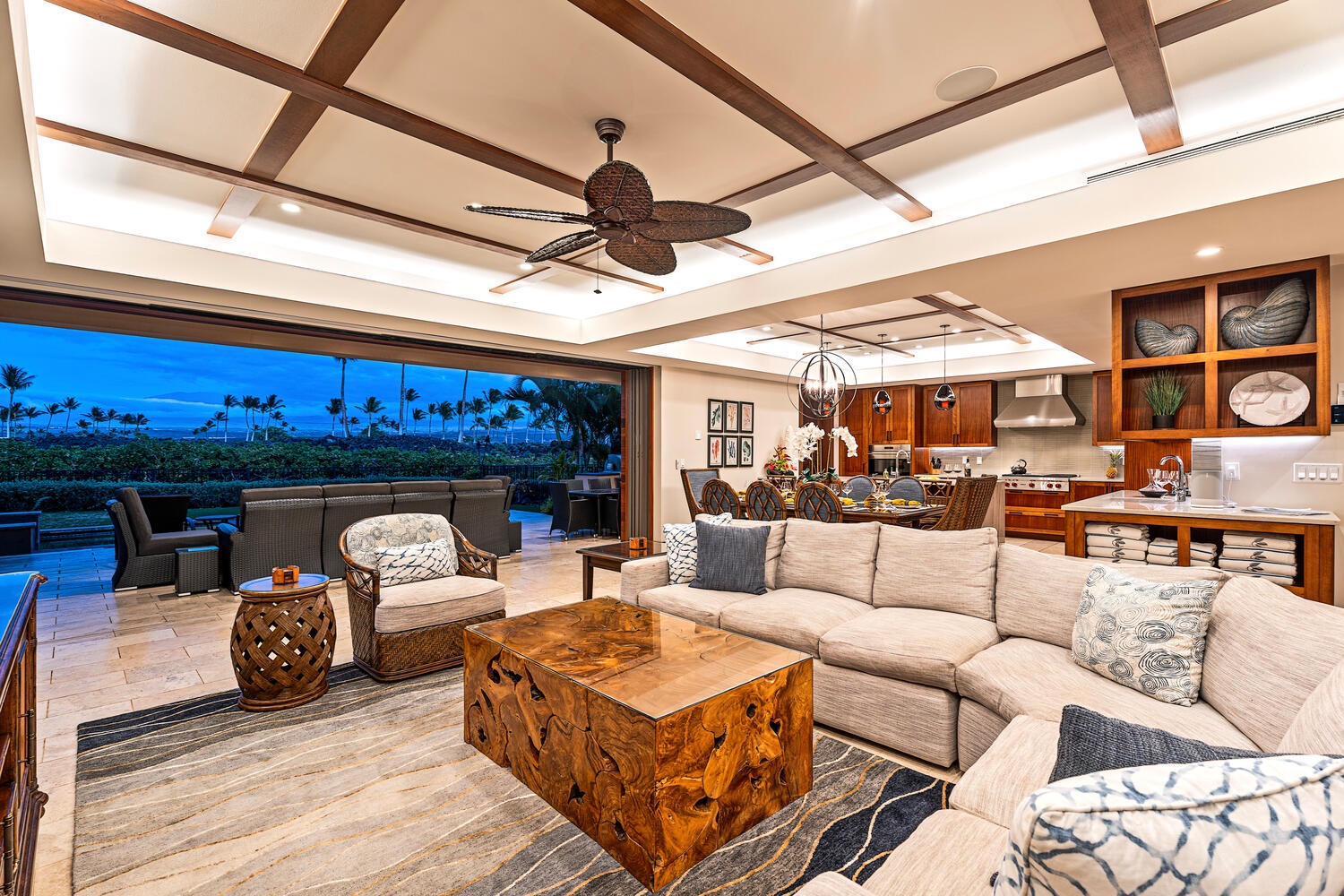 Kamuela Vacation Rentals, Laule'a Ohana Retreat - Open-concept great room with plush seating flows seamlessly to the covered lanai at Laule'a #13.