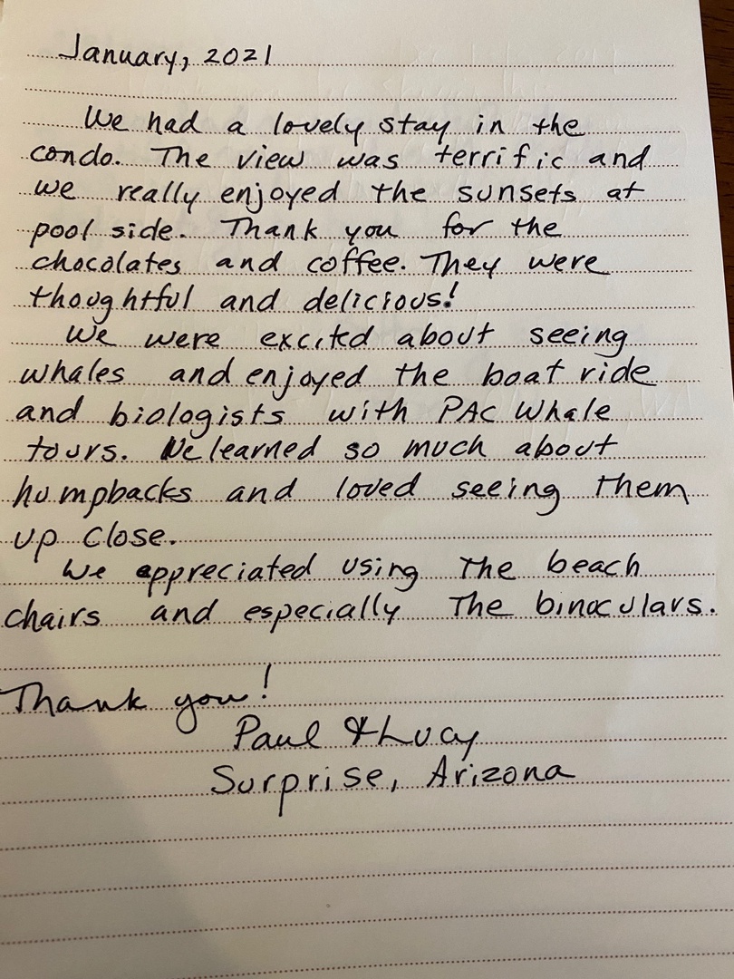 Lahaina Vacation Rentals, Napili Shores F-252 - Handwritten guest review