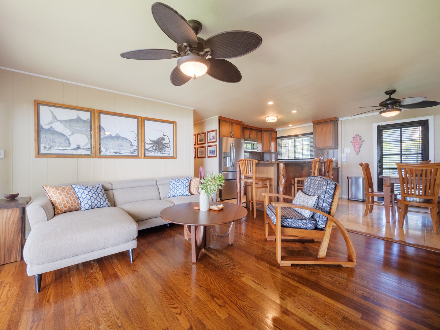 Haleiwa Vacation Rentals, Sunset Point Hawaiian Beachfront** - Comfy sofas in the living area, a perfect spot to gather for family time.