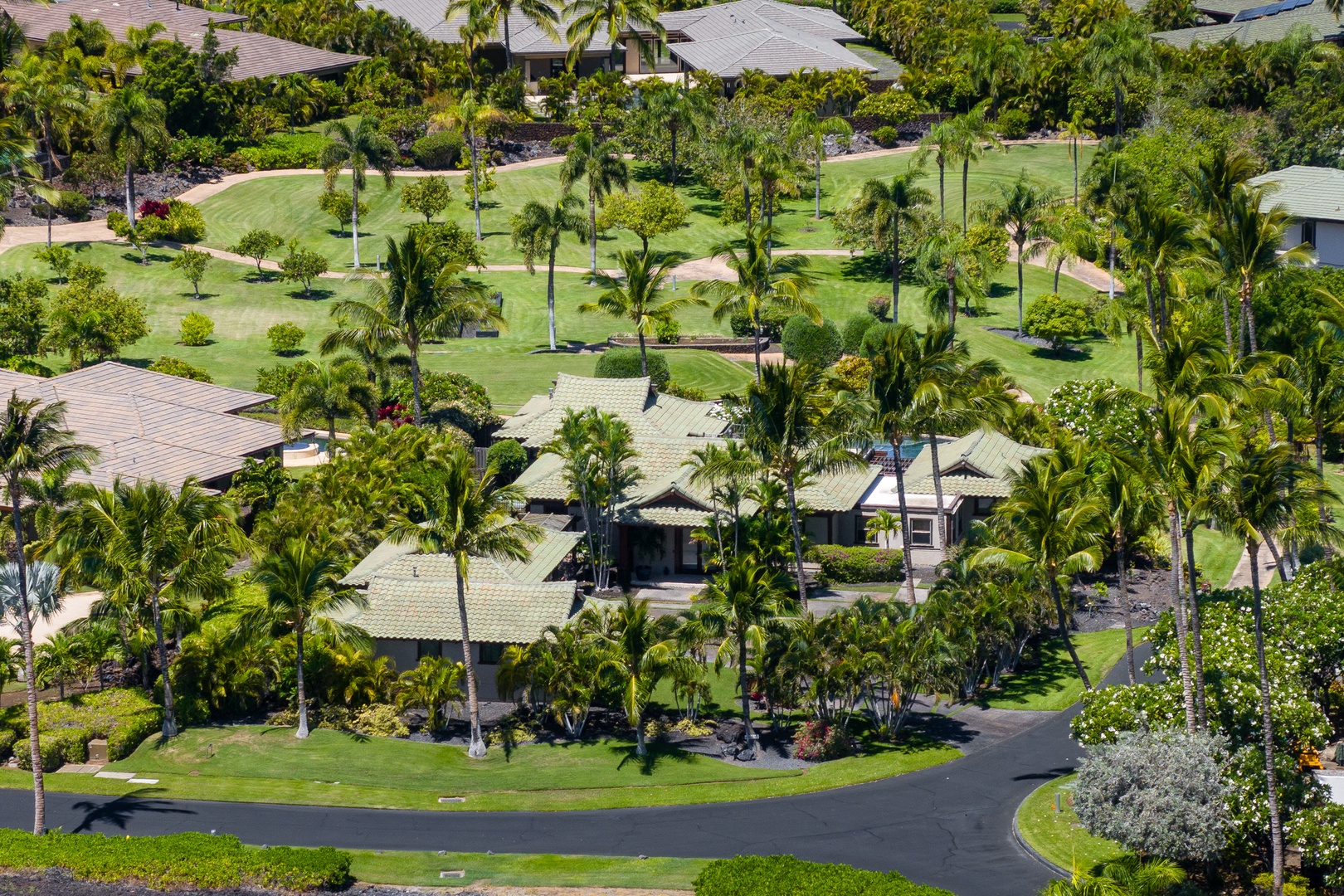 Kamuela Vacation Rentals, Mauna Lani Champion Ridge 22 - Spacious estate nestled among palm trees with plenty of open space and greenery.