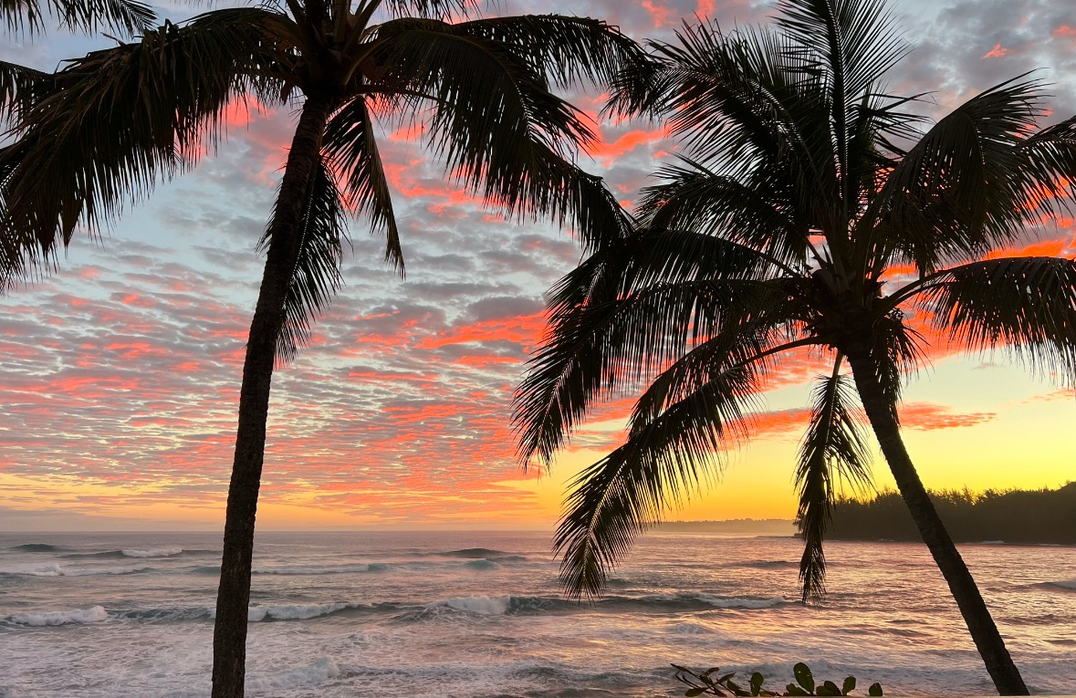 Hanalei Vacation Rentals, Hale Kepuhi - Stunning tropical sunset with palm trees silhouetted against vibrant coral and gold skies over gentle ocean waves.