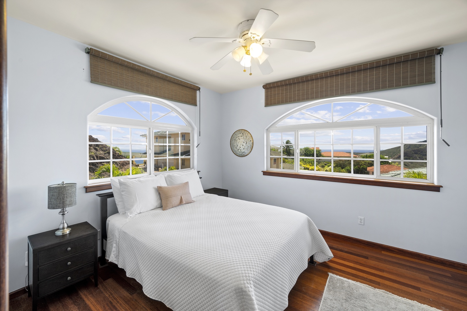 Honolulu Vacation Rentals, Lotus on a Hill* - Guest Bedroom 3 with queen bed, ceiling fan, mountain views, and an ensuite full bath