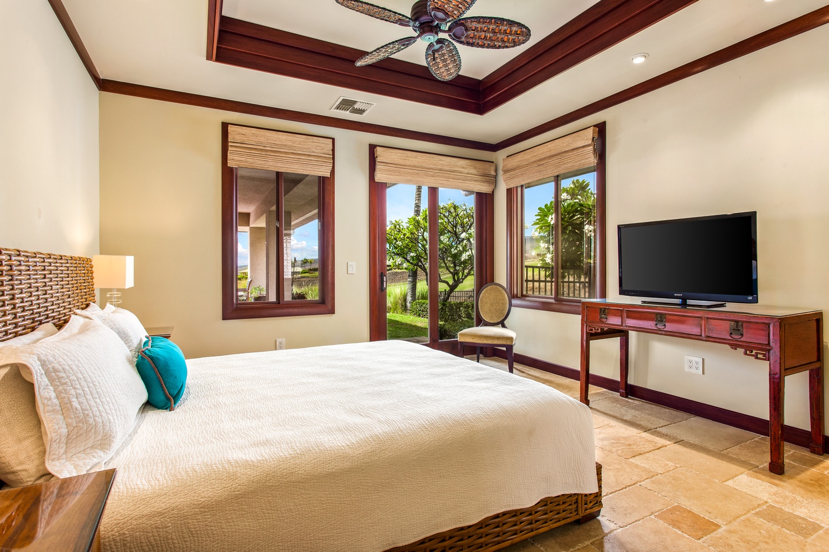 Kamuela Vacation Rentals, 3BD Wai'ula'ula Villa (312) at Mauna Kea Resort - Enjoy garden and pool views right from bed in this bright, restful guest suite.
