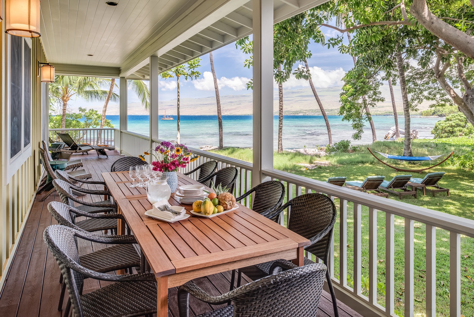 Kamuela Vacation Rentals, 4BD Estate Home at Puako Bay (74) - Looking Along Main Lanai w/ Dining for 12 Plus Lounge Seating and Abundant Ocean Views.