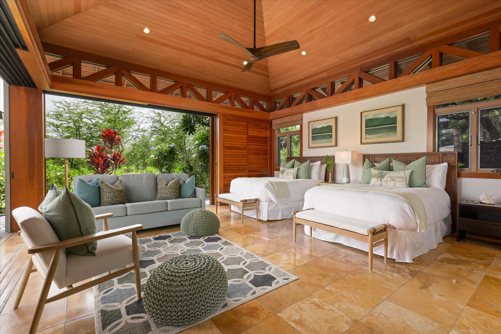 Kamuela Vacation Rentals, 3BD Na Hale 3 at Pauoa Beach Club at Mauna Lani Resort - Room in the Guest Suite (Bedroom #2) for the whole crew: two beds, a sitting area, and the garden through open glass.