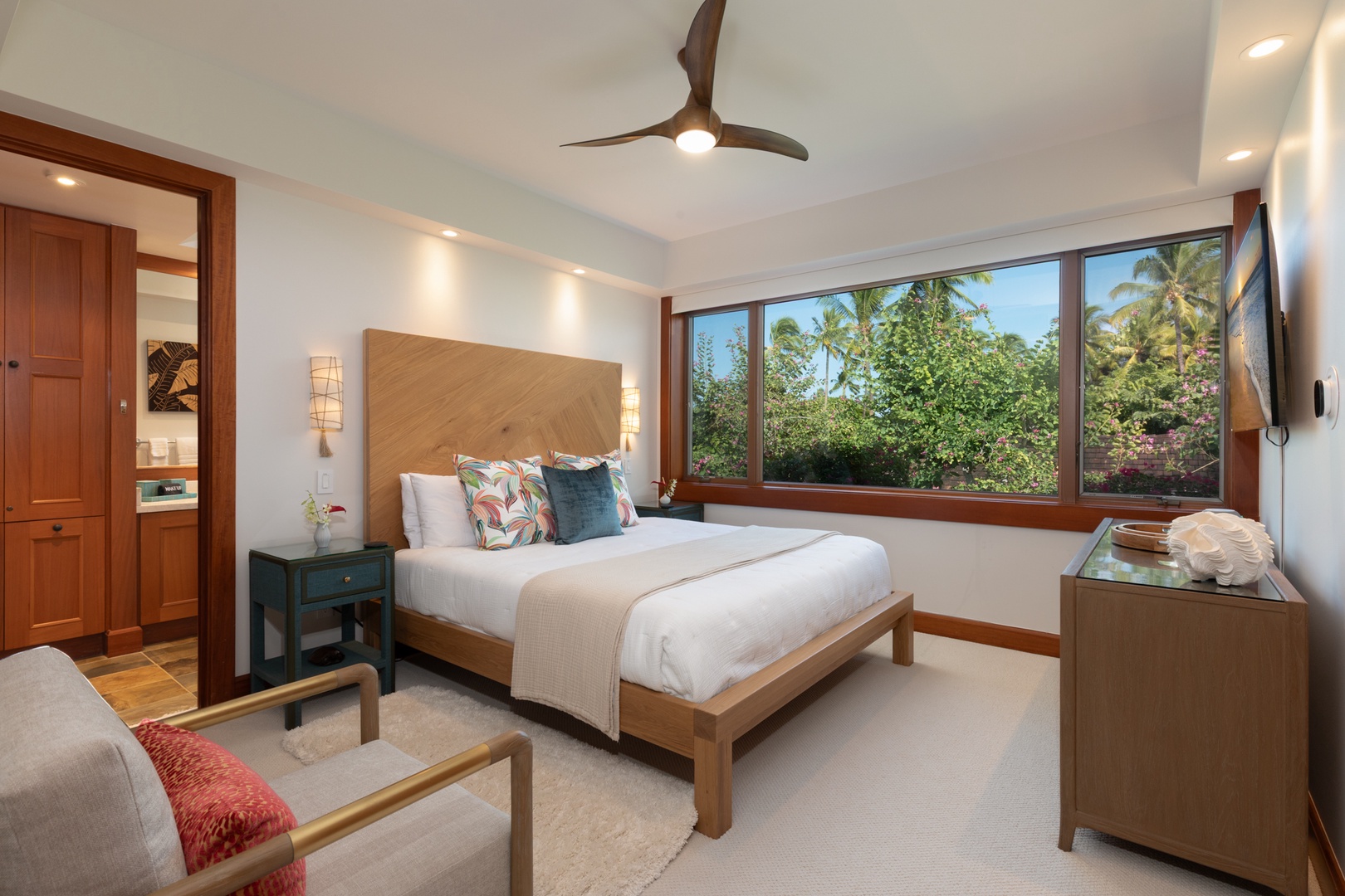 Kailua Kona Vacation Rentals, 3BD Waiulu Villa (111D) at Hualalai Resort - Wake up to tropical garden views in your serene guest suite with a Cal-King bed, where modern comfort meets island elegance with premium furnishings and natural light.