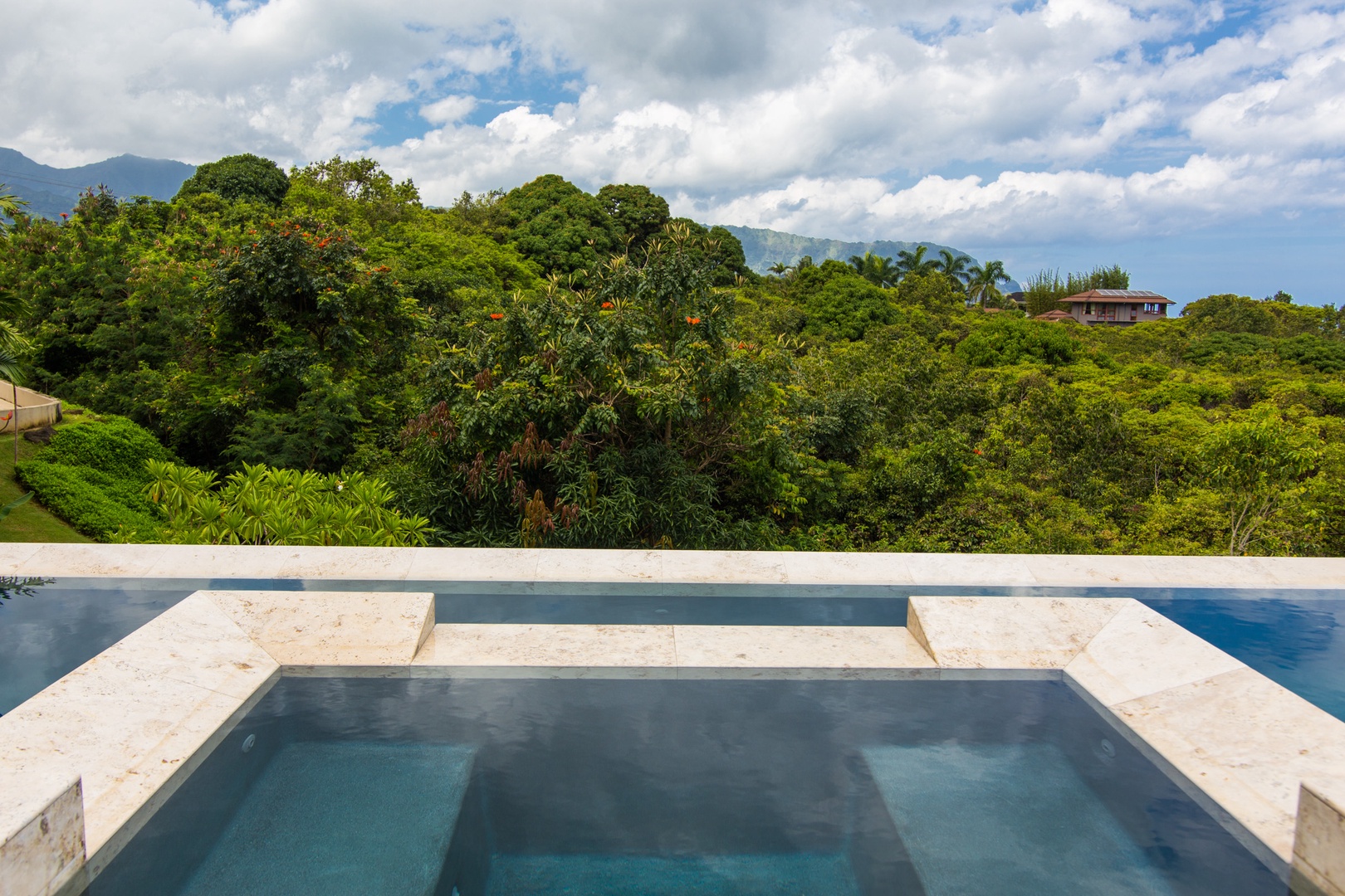 Princeville Vacation Rentals, Hanalei Plantation Villa - Enjoy the scenic view from the spa, surrounded by tropical beauty and privacy.