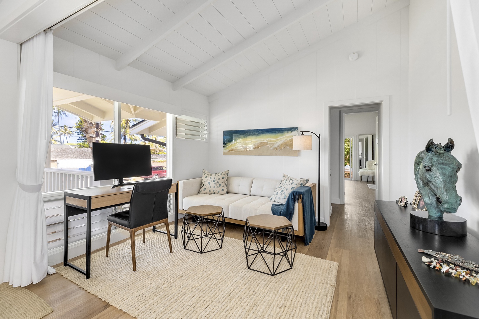 Kailua Vacation Rentals, Ranch Beach Estate - Stylish home office space complemented by a cozy lounge area.