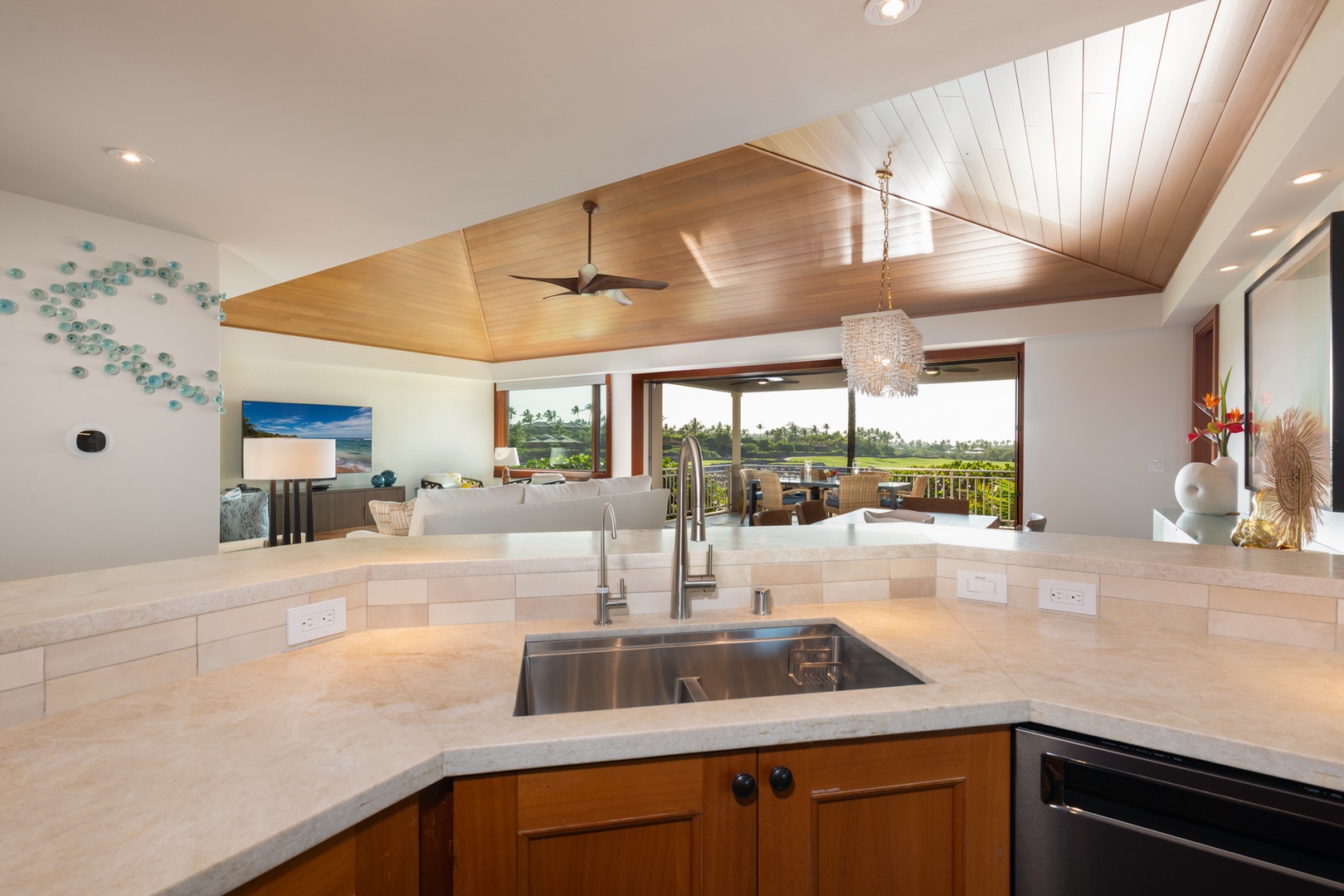 Kailua Kona Vacation Rentals, 3BD Waiulu Villa (111D) at Hualalai Resort - Your gourmet kitchen opens to stunning views, featuring premium countertops and modern appliances for memorable meal preparation.