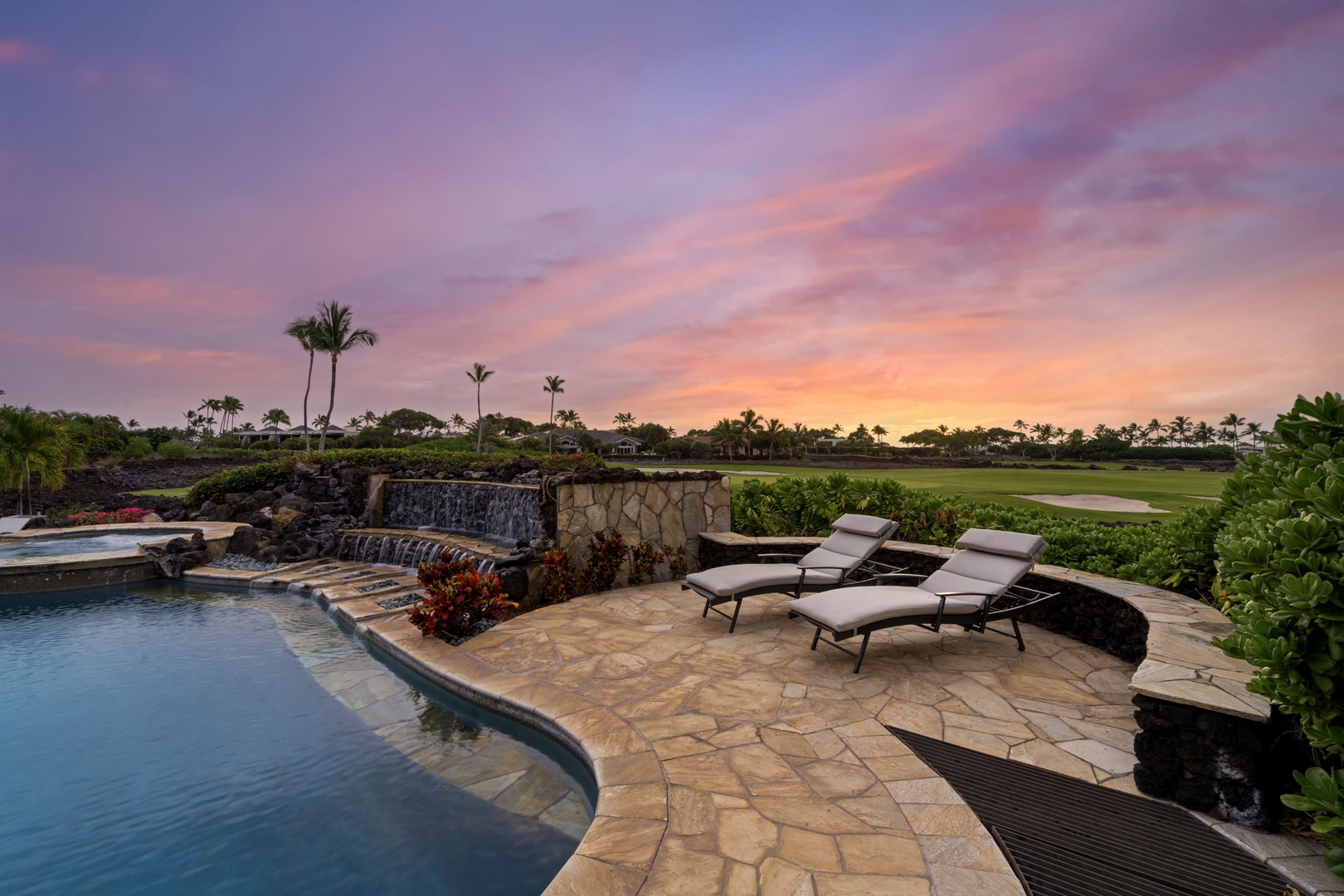 Kamuela Vacation Rentals, Hale Konane - Poolside perfection at dusk—luxury loungers, ocean breeze, and glowing skies.