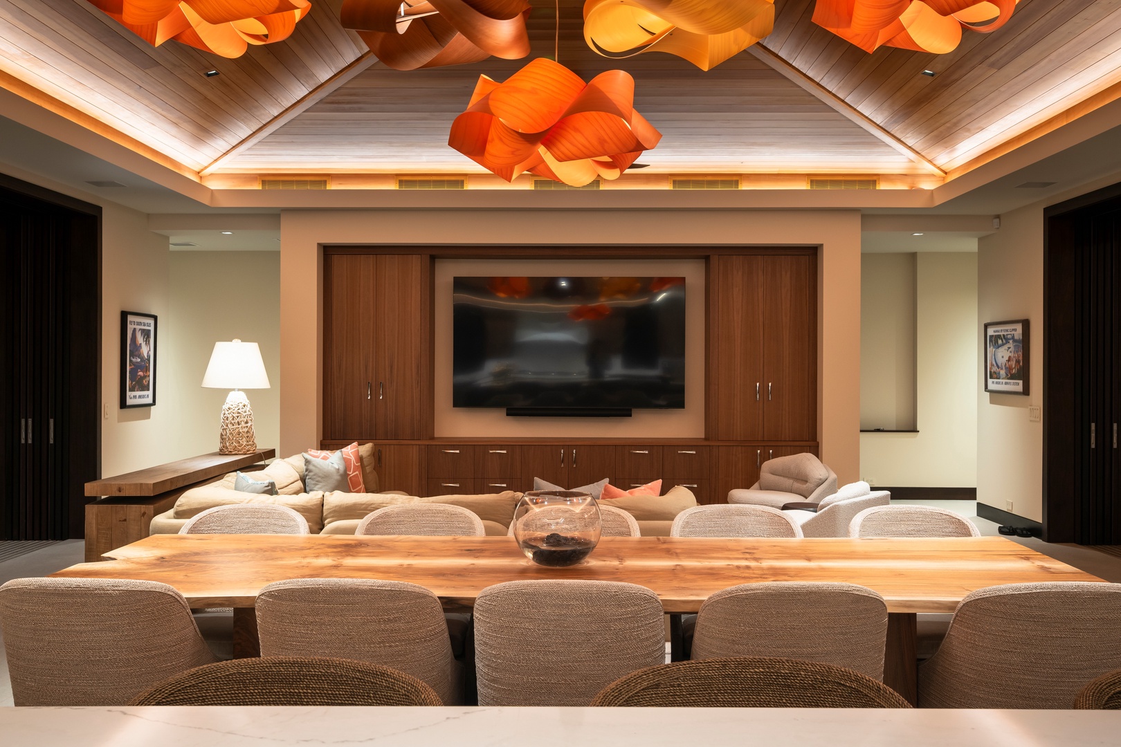 Kailua-Kona Vacation Rentals, 4BD Ka'Ulu Estate (102A) at Hualalai Resort - Gather around your grand dining table while enjoying the entertainment center's large screen TV and stunning sculptural lighting overhead.