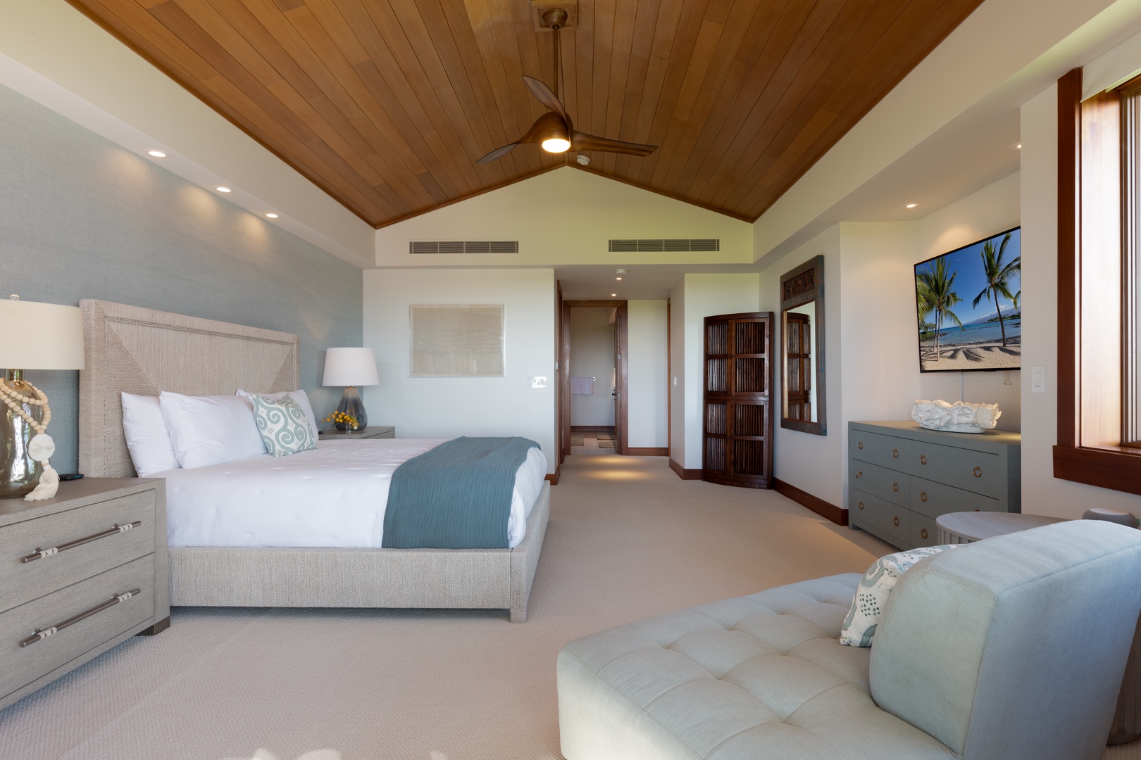 Kailua Kona Vacation Rentals, 3BD Waiulu Villa 111D at Hualalai Resort - Primary Bedroom with a king-size bed, vaulted ceilings, and serene decor for restful nights.