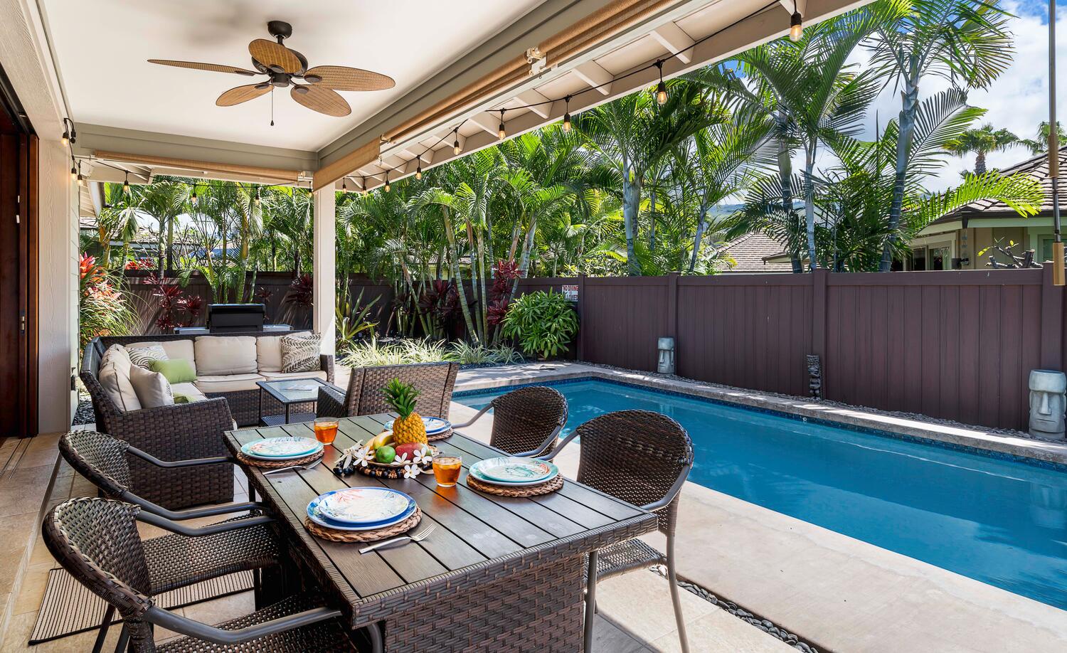 Kailua Kona Vacation Rentals, Holua Kai #32 - Enjoy your morning coffee on the private lanai by the pool.