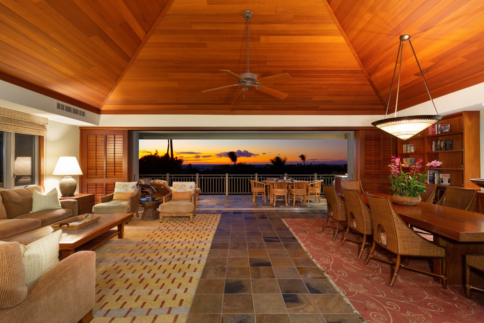 Kailua Kona Vacation Rentals, 3BD Ke Alaula Villa (210A) at Four Seasons Resort at Hualalai - View from upper landing entry across great room to lanai and sunset beyond.