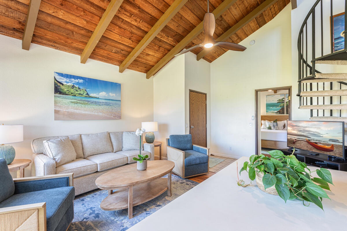 Princeville Vacation Rentals, Hale Ohana Ho'omaka - Comfortable living room with open access to lanai views. Filled with natural light.