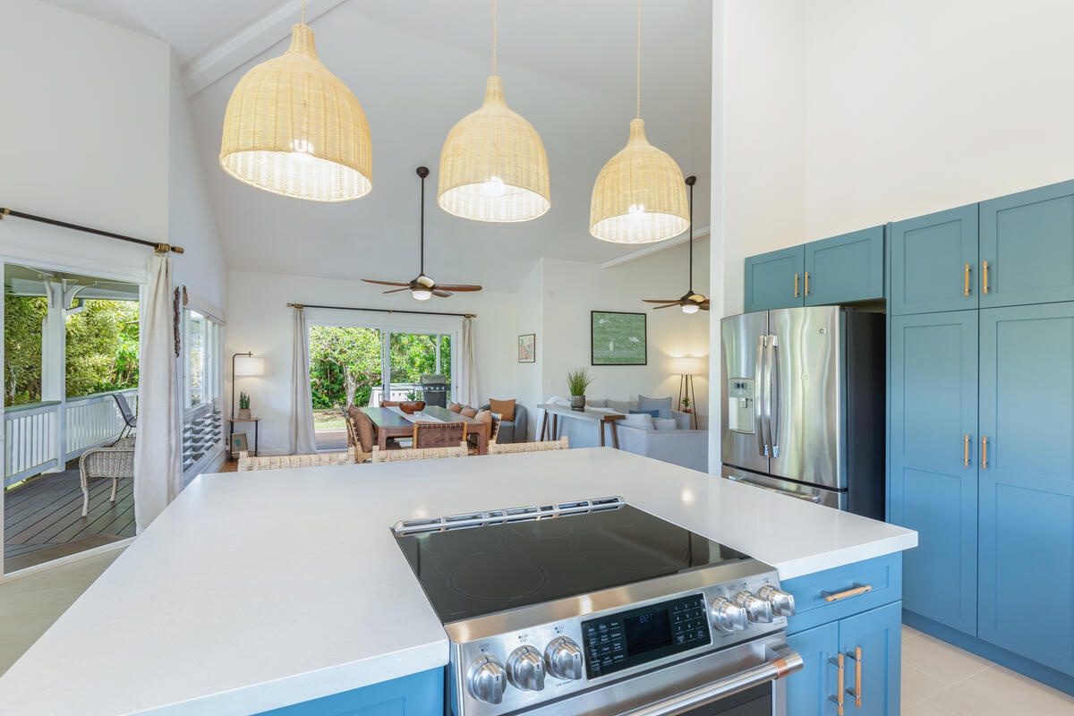 Princeville Vacation Rentals, Hale Cassia - Spacious kitchen with modern design and island cooktop.