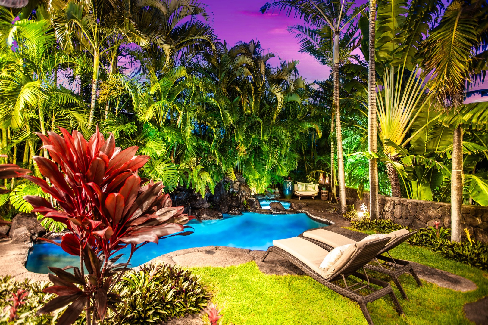 Honolulu Vacation Rentals, Pili Pono - Twilight sky over the pool creates a tropical dreamscape.