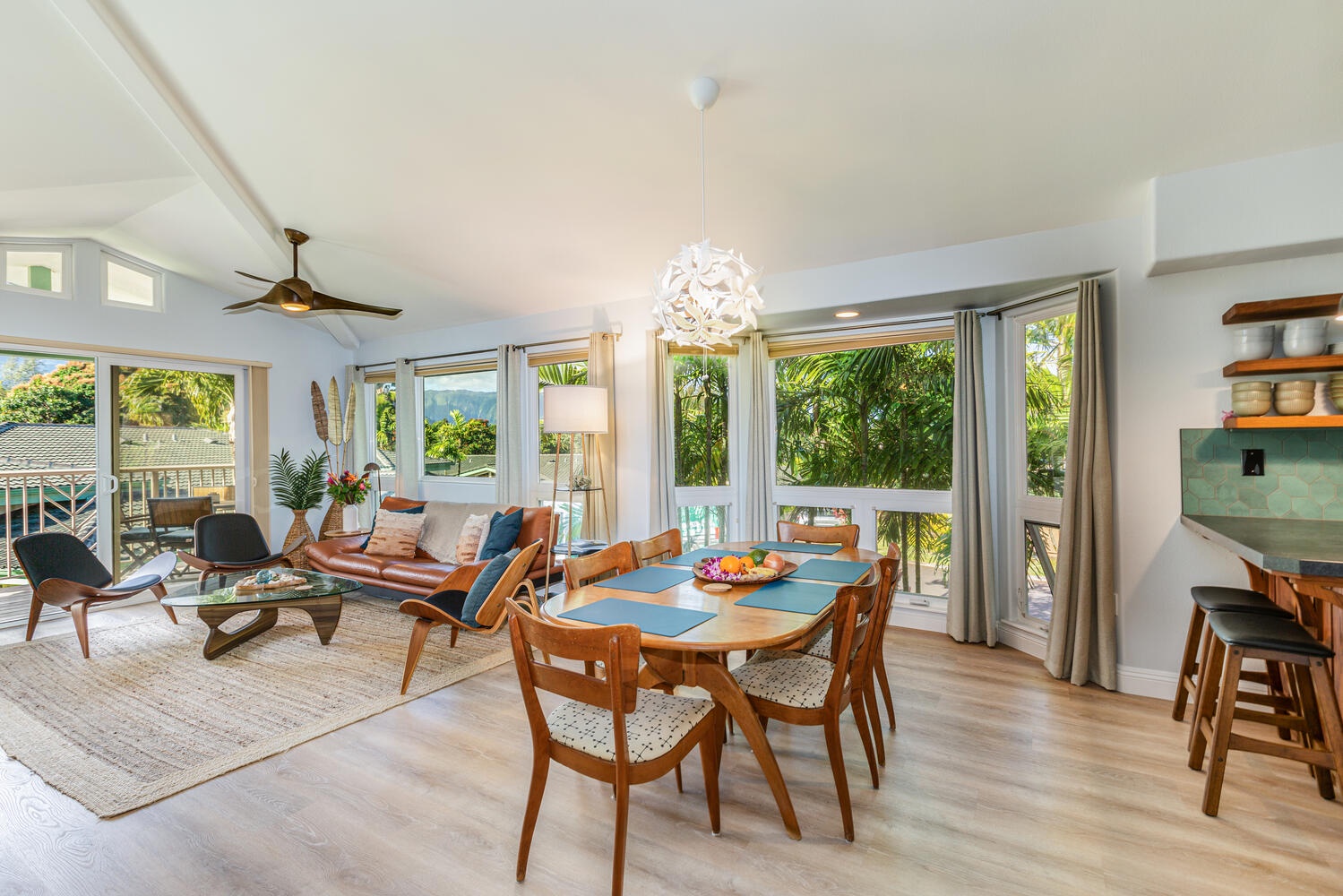 Princeville Vacation Rentals, Sea Glass - Living area with rustic table for six right off the living area.