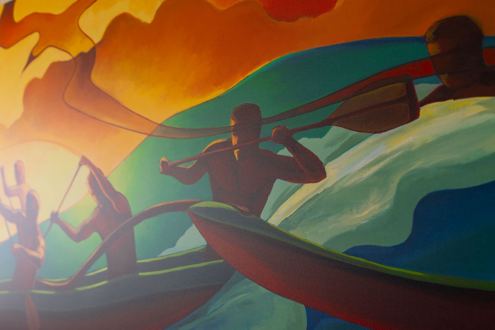 Honolulu Vacation Rentals, Hale Kaimana Breeze - A beautiful mural depicting surfers riding vibrant ocean waves.