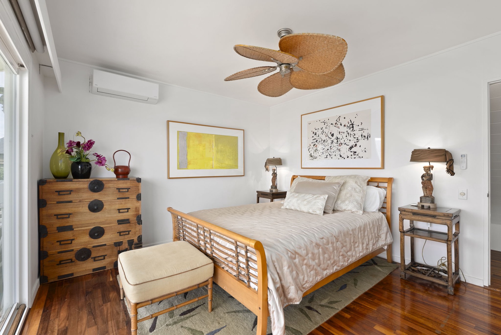Waianae Vacation Rentals, Ma'ili Blue - Rest peacefully in your bright, airy bedroom with tropical ceiling fan and art-filled walls.