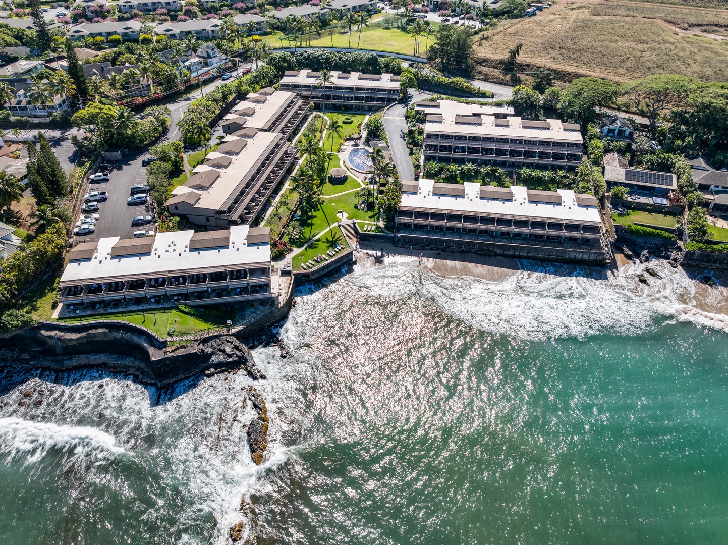 Lahaina Vacation Rentals, Kahana Sunset B4B - Aerial view of oceanfront Kahana Sunset Resort in Maui paradise.
