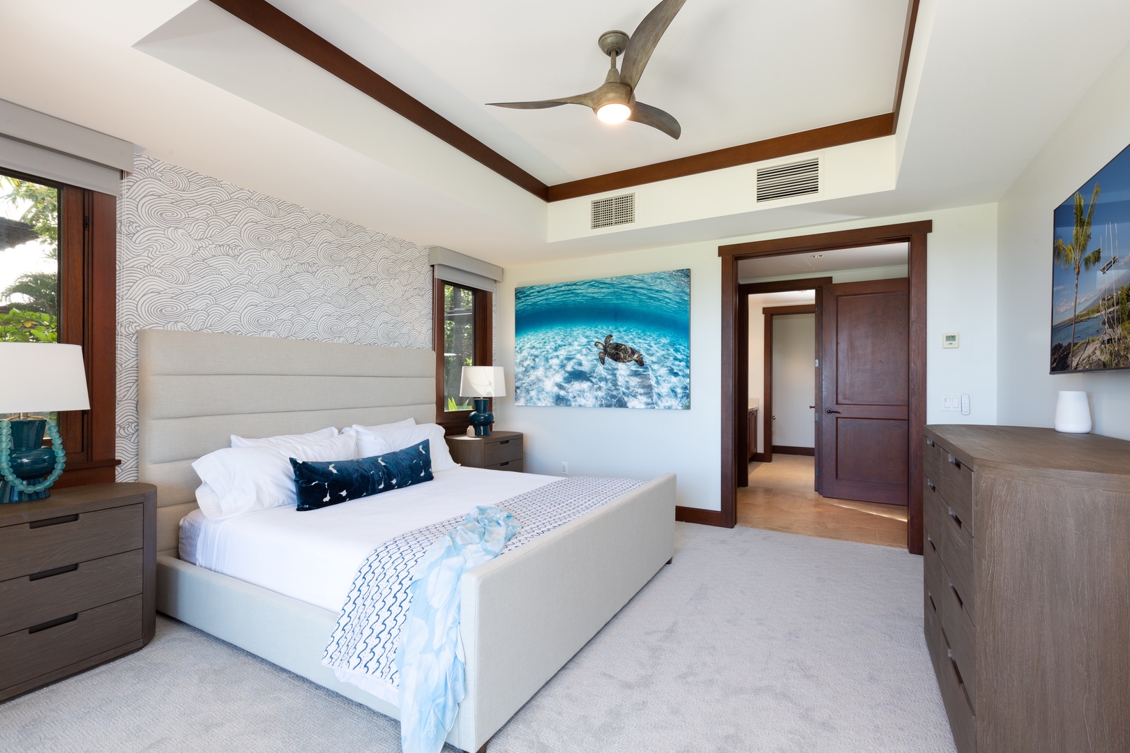 Kailua-Kona Vacation Rentals, 3BD Hali'ipua Villa (120) at Four Seasons Resort at Hualalai - Alternate view of second bedroom with king bed, 55’’ flat screen TV, ensuite bath and private lanai