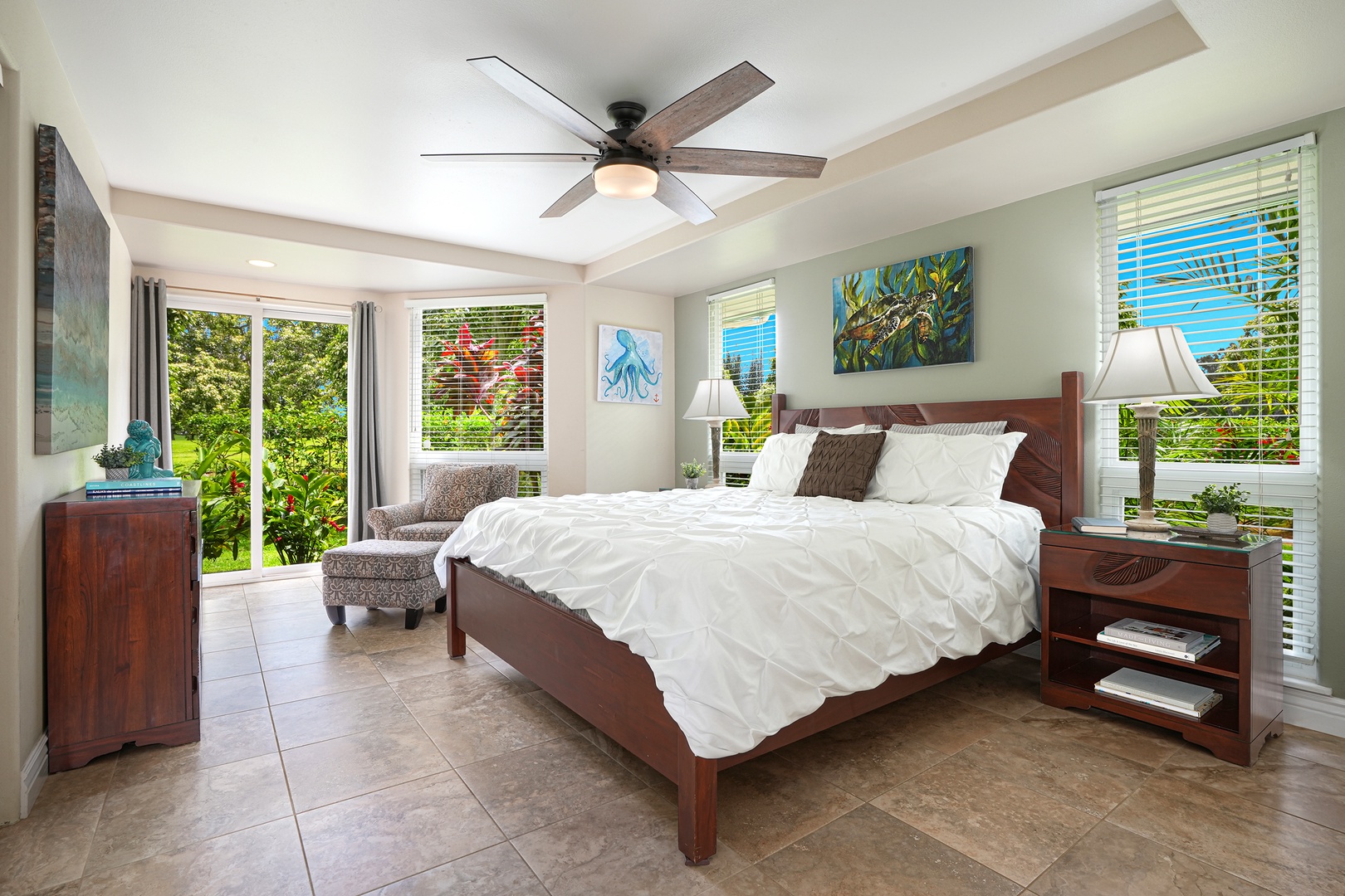Princeville Vacation Rentals, Ku'u Lei Villa - Retreat to the second primary suite, featuring a king-sized bed and abundant natural light for a peaceful night’s sleep.